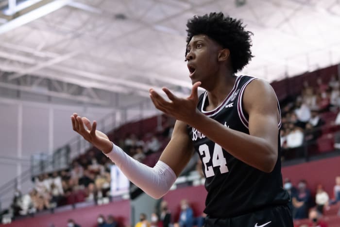 Santa Clara Broncos guard Jalen Williams (24) reacts during the first half against the Gonzaga Bulldogs at Leavey Center.